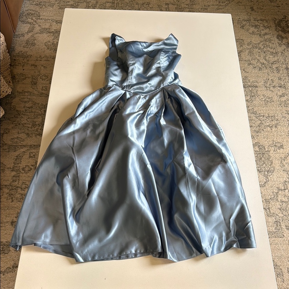 Boat Neck Satin Midi Scoop Back Dress w/ Pockets